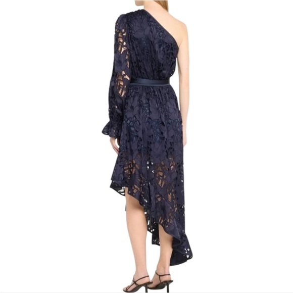 NEW Ramy Brook Jayda Asymmetric One Shoulder Dress Sz 6 Navy Embroidered Lace - Picture 3 of 15
